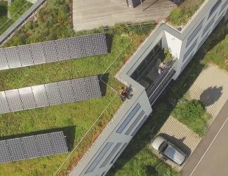 Aerial view of a green roof with photovoltaics